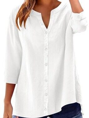NWT LOMON White Button-Front V-Neck Cotton Linen Blend Top Large